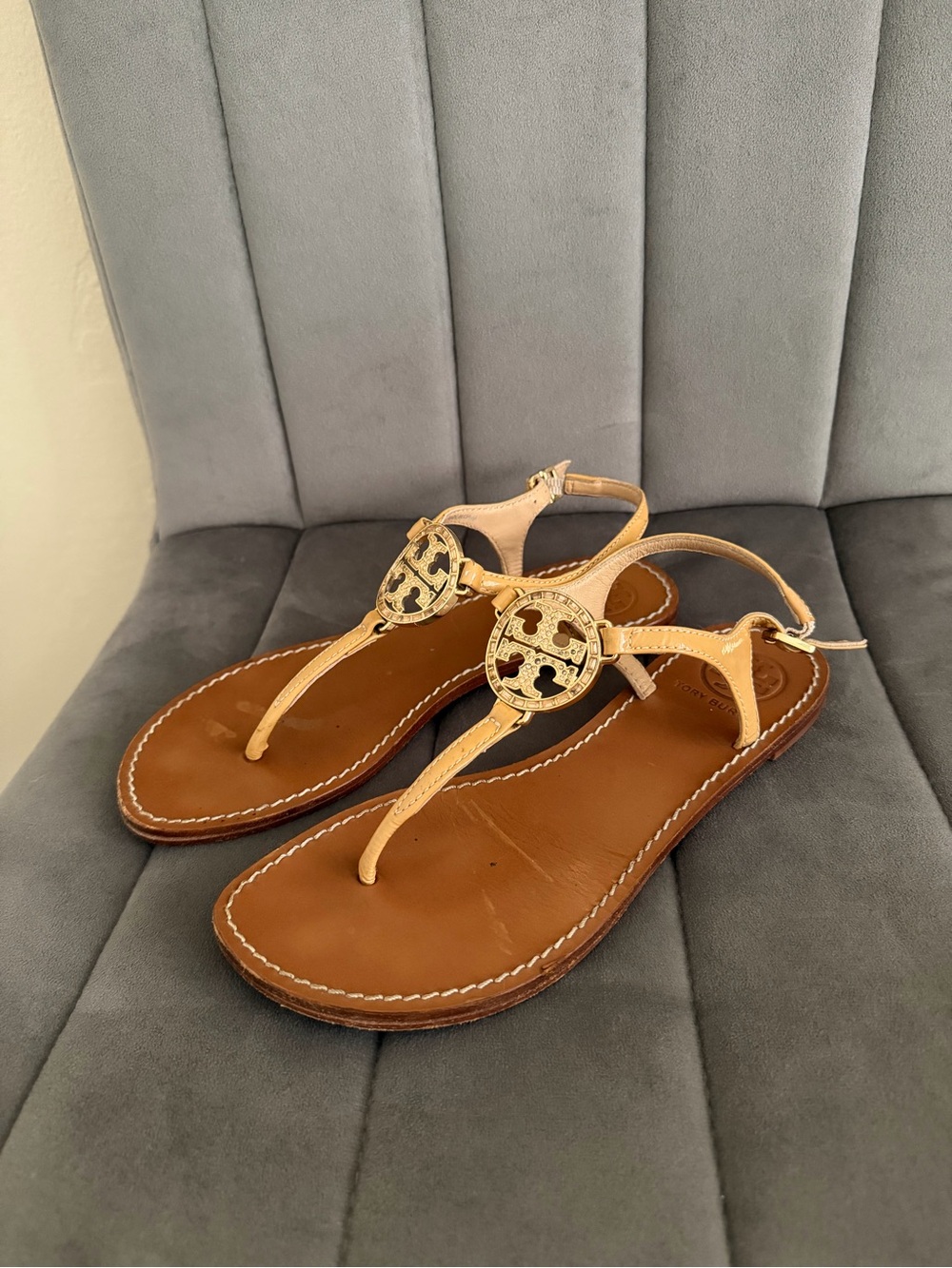 Tory Burch Beige and Brown Logo Thong Sandals